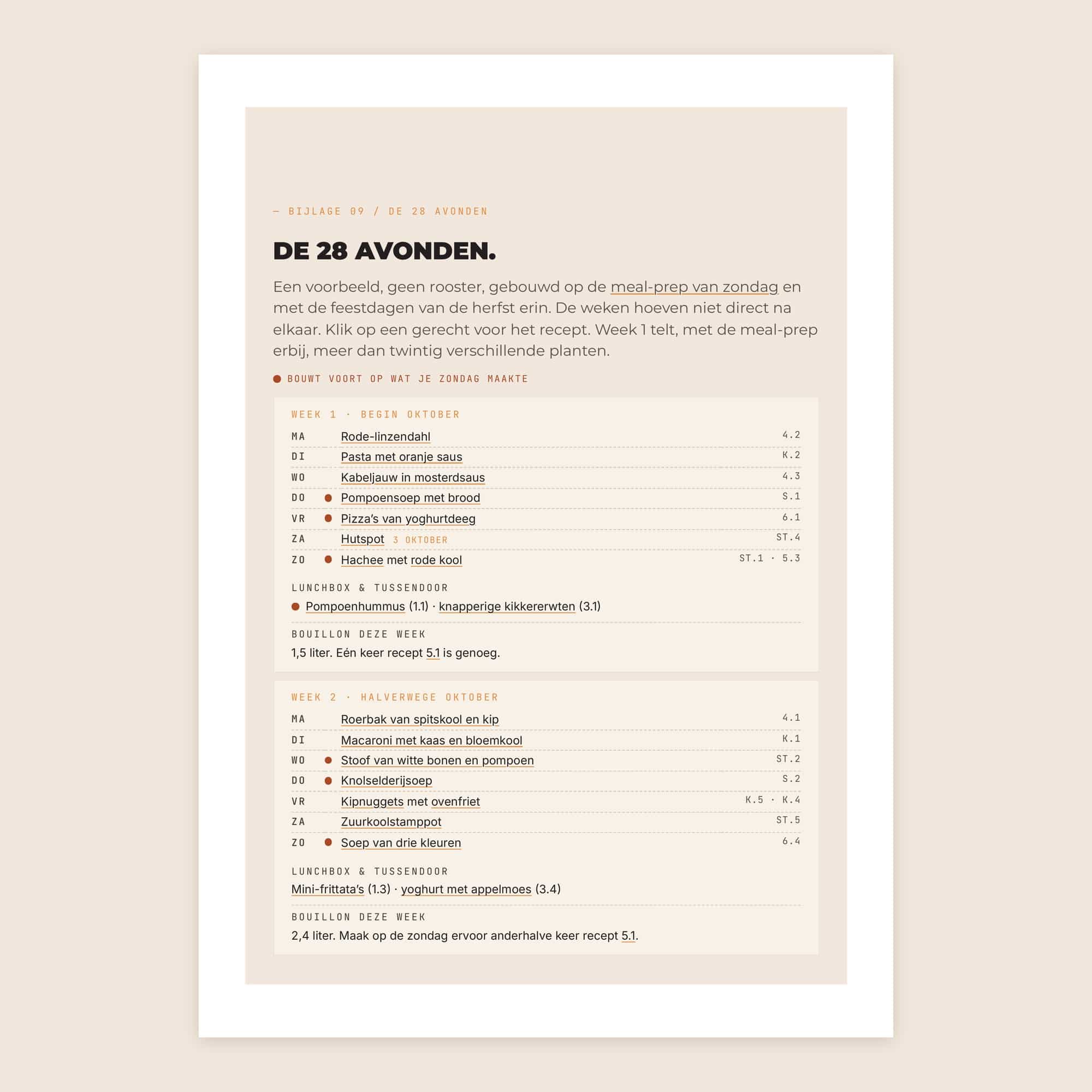 Pagina uit het boek: De 28 avonden, het weekmenu van week 1 en 2