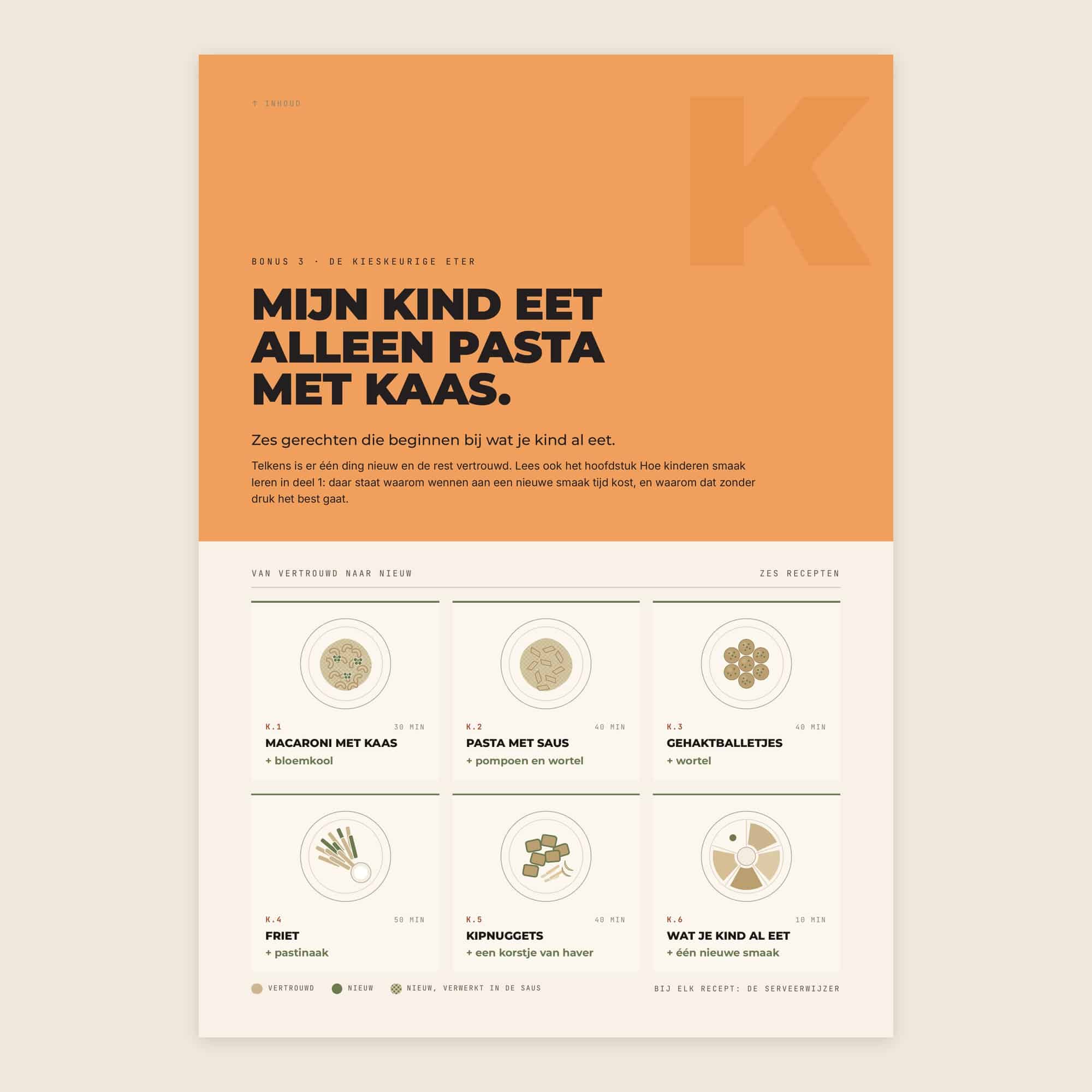 Pagina uit het boek: Mijn kind eet alleen pasta met kaas, zes gerechten die beginnen bij wat je kind al eet