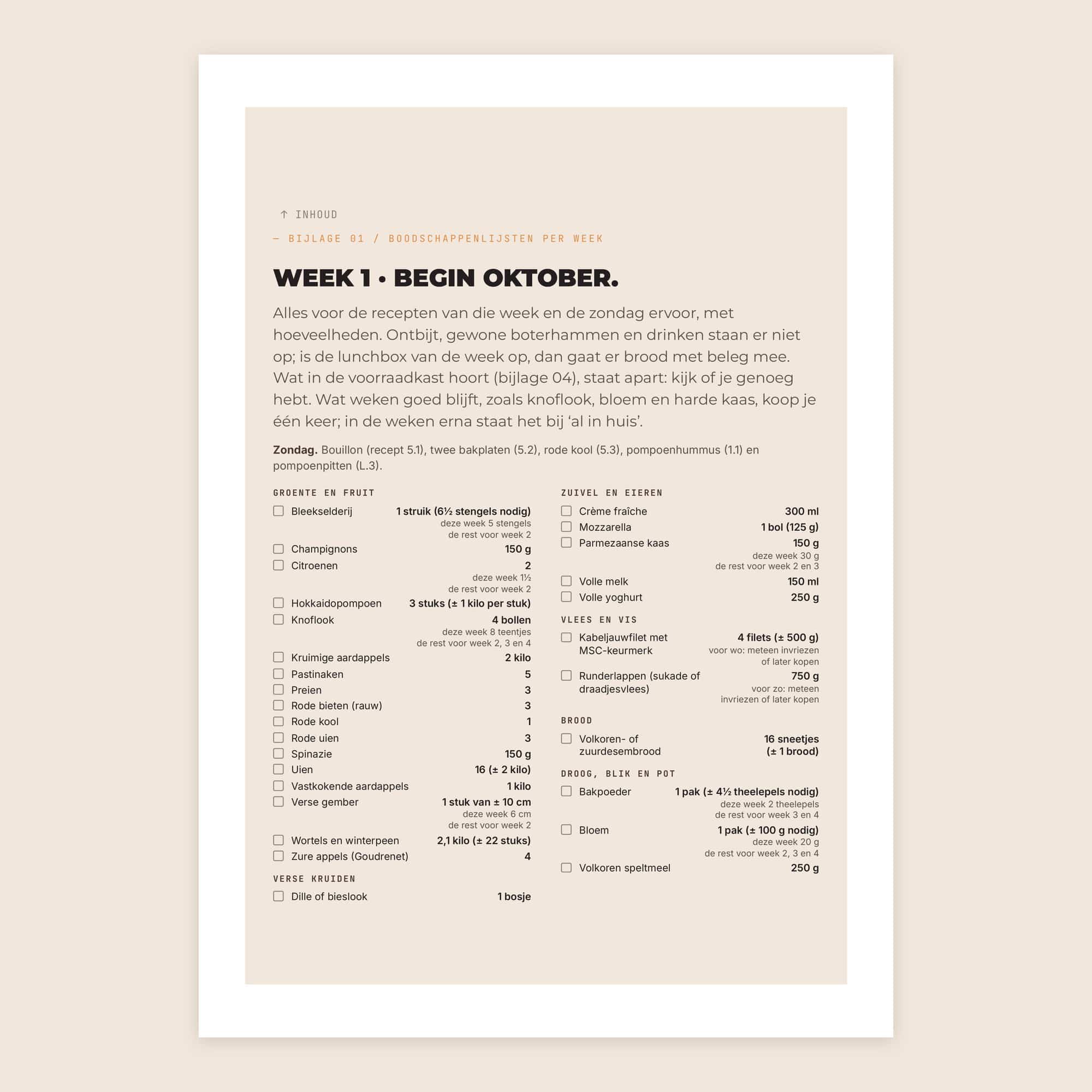 Pagina uit het boek: de boodschappenlijst van week 1, met hoeveelheden