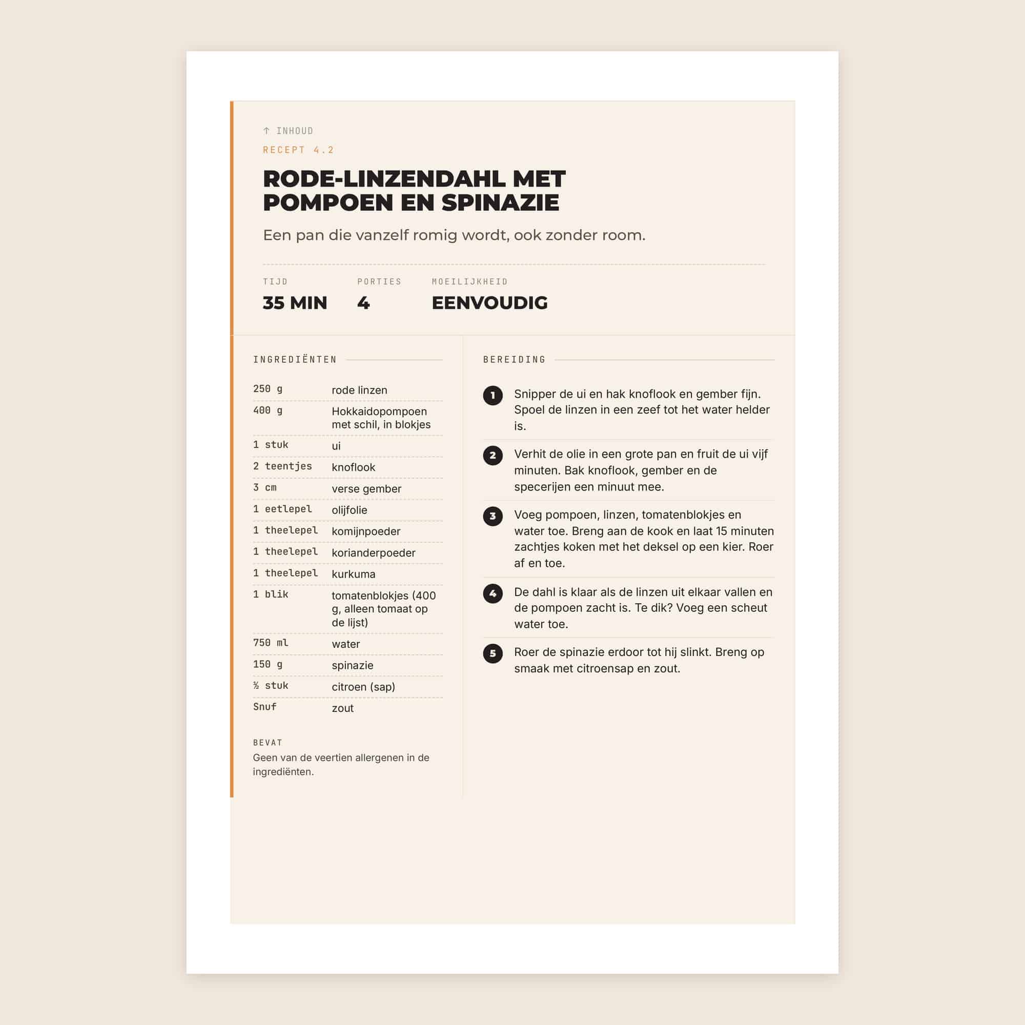 Pagina uit het boek: het recept rode-linzendahl met pompoen en spinazie